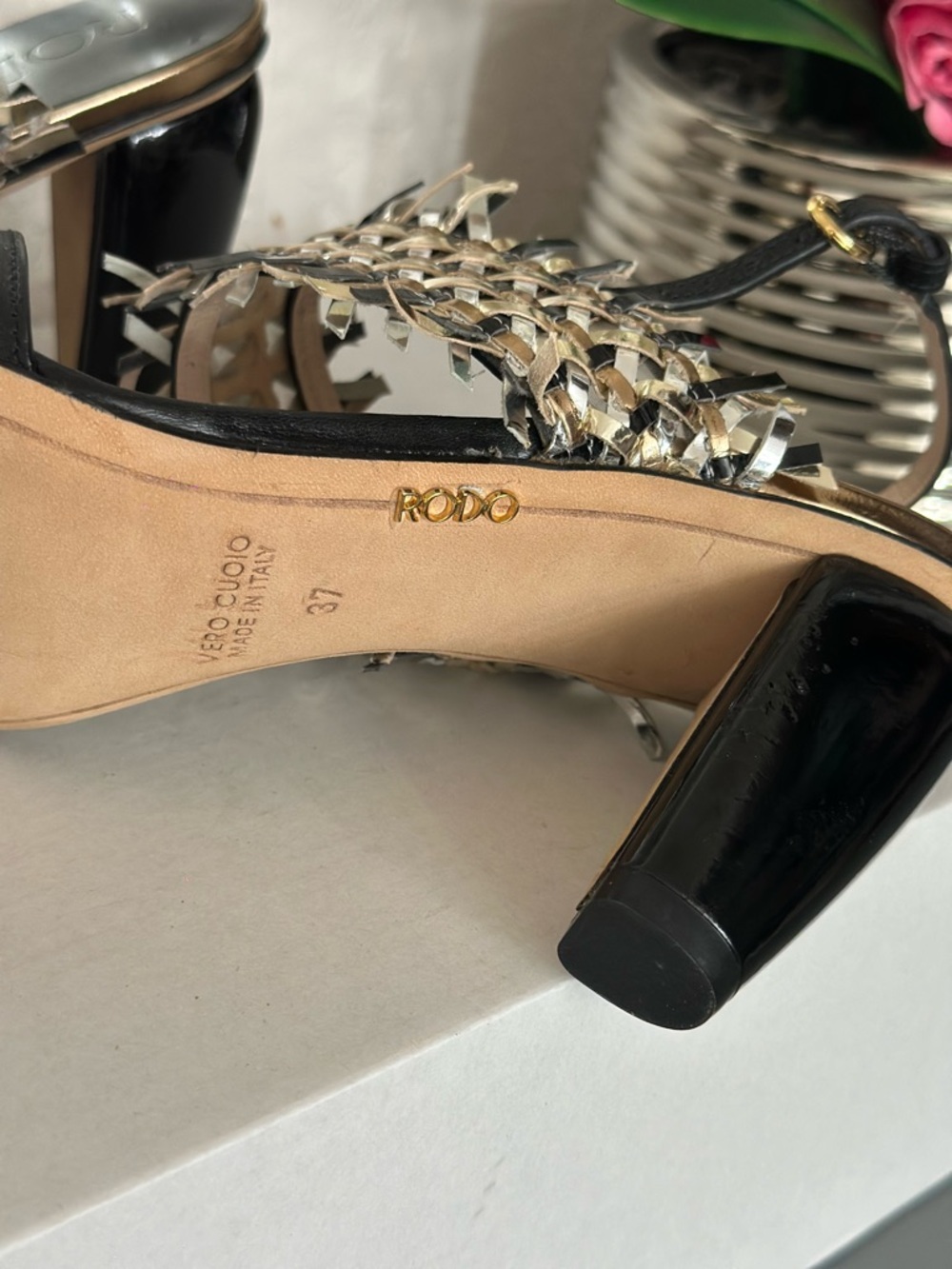 Rodo Black Heeled Sandals with Silver Metallic Fringe - Picture 10 of 10